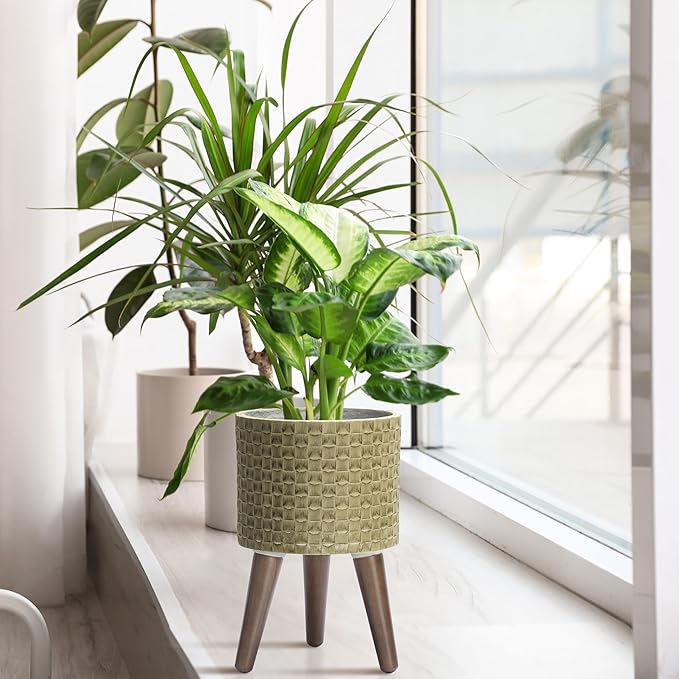 D'vine Dev 8 Inch Modern Geometric Tile Patterned Sleek Planter Pot with Stand, Indoor Outdoor Decorative Plant Holder, Distressed Olive, 88-Z-A-4