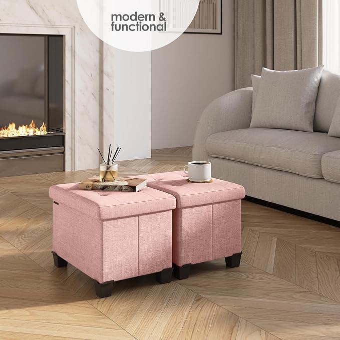 STORAGEBUD Storage Ottoman Cube with Small Bin, 16-in Square Ottoman with Storage for Living Room and Bedroom, Small Ottomans Foot Rest, Fabric Foot Stools Ottomans Max 330lbs, Pink