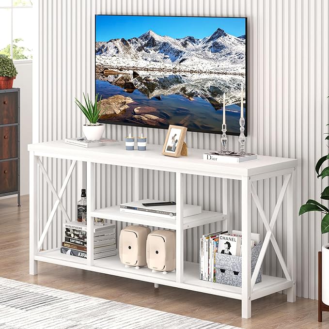 EXCEFUR Modern White TV Stand with Storage Shelves, Entertainment Center for TV up to 55 inch, Media TV Console Table and TV Cabinet for Living Room Bedroom, 47 Inch