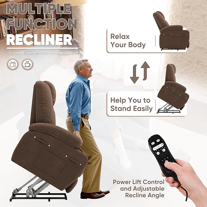 Power Lift Recliner Chair with Massage Electric Lift Chair for Elderly, Ergonomic Recliner with Cup Holders & Side Pockets, Modern Single Sofa for Living Room (Fabric, Brown)