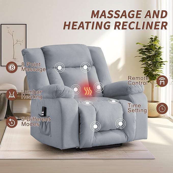 Oversized Dual Motor Power Lift Recliner for Adults, Electric Lift Chair with Heating and Massage, Waffle Fabric Electric Recliner Chair with Side Pockets, Wide Recliner for Living Room