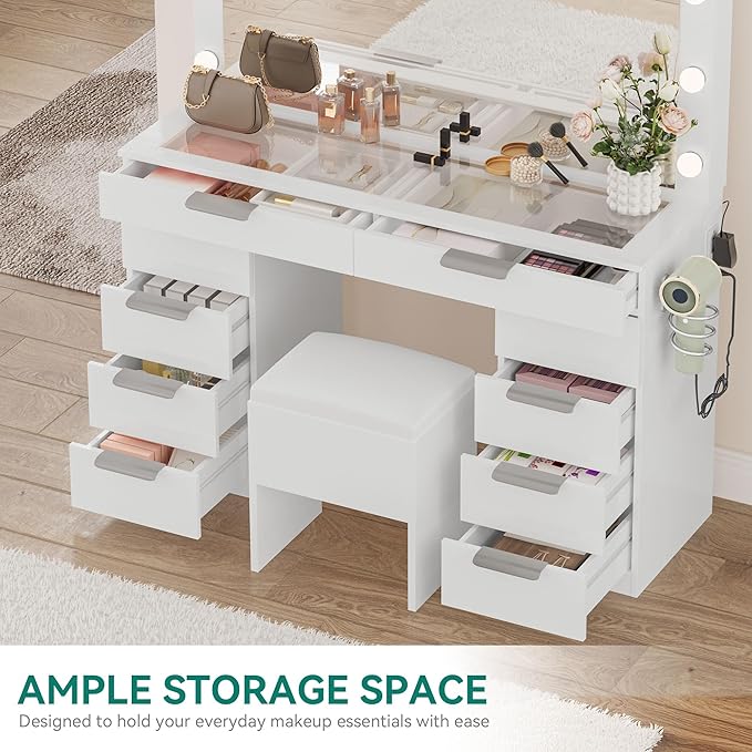 YITAHOME 46" Glass Top Vanity Desk with Mirror with Lights, Large Makeup Vanity Set with 10 Drawers & Storage Stool, Power Outlet, Dressing Table with 3 Adjustable Light Modes, Dressing Room, White