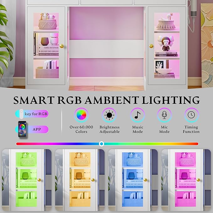 Makeup Vanity Desk with HD Lighted Mirror & Power Outlet, Glass Top Vanity Table Set with Storage Drawers & RGB Cabinets, Large Dressing Table with 3 Lighting Modes for Bedroom Women Girls Kids, White