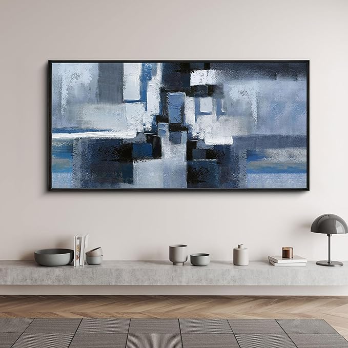 KLAKLA Large Abstracr Wall Art - Blue and Black Canvas Picture for Living Room Office Wall Decor Bedroom Art Framed Artwork Modern Wall Decoration 48x24 Inches