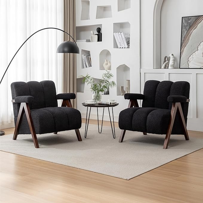 Mid Century Modern Accent Chairs Set of 2 with Solid Wood Frame, Boucle Upholstered Living Room Chairs with Thick Cushion, Comfy Tufted Arm Chair for Bedroom, Black