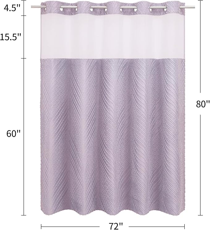 Boho Purple Long Shower Curtain 72 x 80, Lavender No Hook 80 inch Long Farmhouse Fabric Shower Curtain Set with Snap-in Liner, Hotel Style Shower Curtain with See Through Top Window