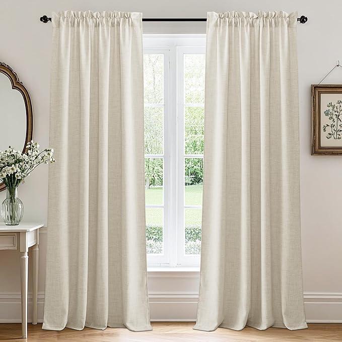 RYB HOME Living Room and Dining Room Curtains and Drapes Linen Sheer, Light Filtering Curtains 90 inches Long, Weave Textured/Rod Pocket, Cream Colored, W 52 x L 90 inches, 2 Panels Set
