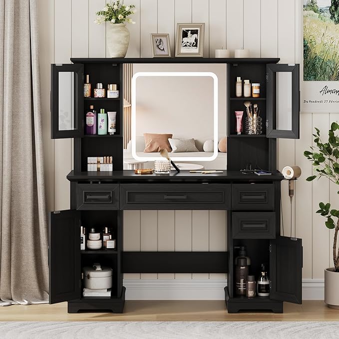 Maupvit Farmhouse Vanity Desk with Mirror and Lights, Makeup Vanity Table with Charging Station, 45" Bedroom Table with 4 Drawers and Cabinets, 3 Lighting Modes, Black