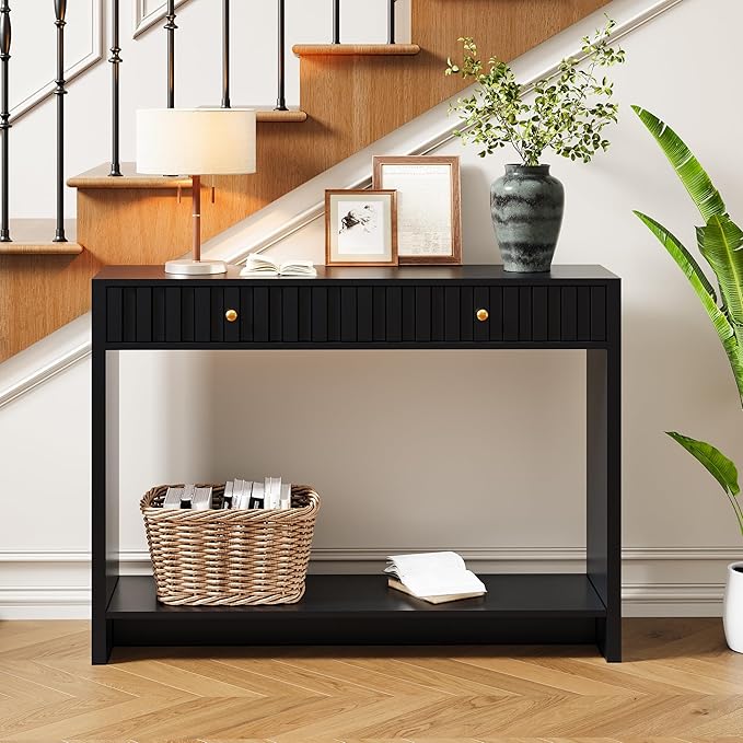 Console Table with Drawers, Narrow Mid-Century Fluted Entryway Table Sofa Table with Storage Shelf, Wood Entry Table Accent Behind Couch Table for Entrance, Hallway, Living Room (Black)