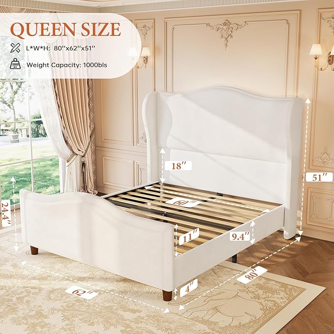 Queen Bed Frame Chenille Upholstered Platform Bed with Headboard and Footboard, 51" High Deep Tufted Wingback Sleigh Upholstered Bed, Modern Retro Minimalist Style, Easy Assembly, Cream