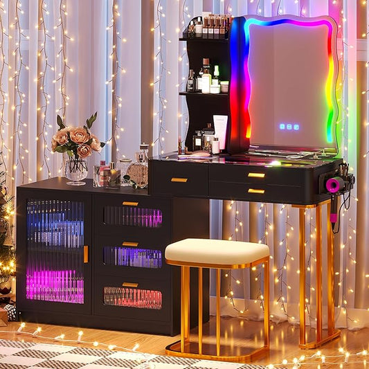RGB Makeup Vanity Desk with Wireless Charging Station,7 Dynamic and 7 Static Dimmable Vanity Table with Glass Desktop,Vanity Mirror with Lights Desk and Chair,8 Drawers,Stool