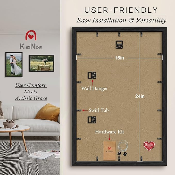 16x24 Poster Frame 4 Pack, Textured Black Solid Wood Picture Frame, Wall Hanging