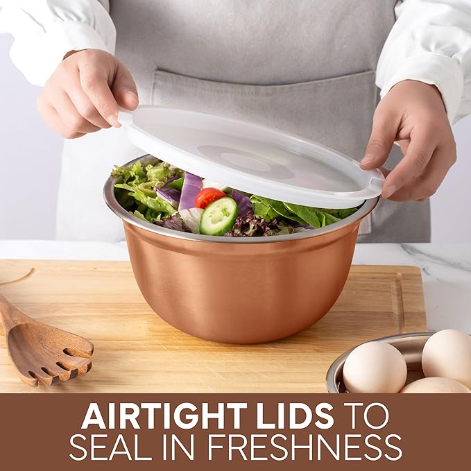 COOK WITH COLOR 18 Piece Mixing Bowls Set with Airtight Lids, Stainless Steel Bowl Organizers, Food Storage Containers, Meal Prep, Nesting Salad Bowls For Cooking, Baking, Kitchen Use, Copper