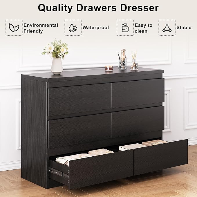 Black 6 Drawer Dresser for Bedroom, 15.3" D x 47.2" W x 32.3" H in Simply Modern Chest of Drawers, Wood Storage Double Dresser with Deep Drawers for Living Room, Hallway Entryway, Black