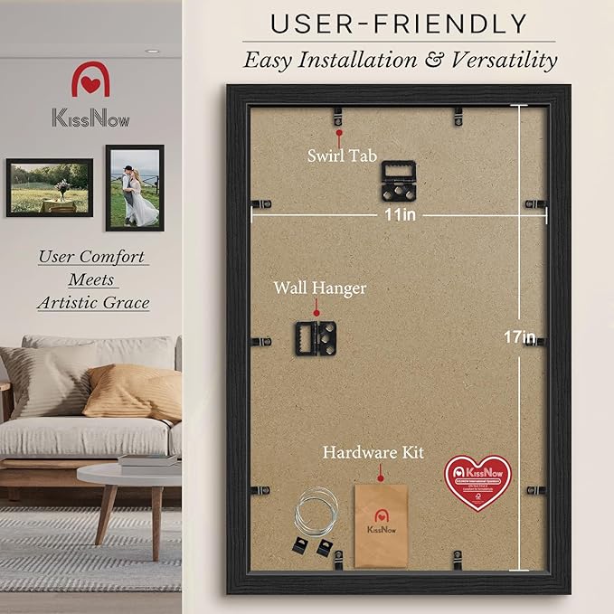 11x17 Picture Frame 4 Pack, Textured Black Solid Wood, Wall Gallery Poster Frame