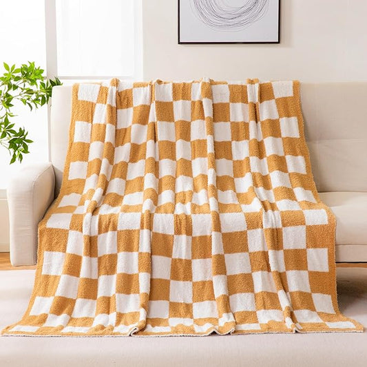 YIRUIO Throw Blankets Checkered Queen,King Size Big Fluffy Fuzzy Warmer Comfort Reversible Super Soft Cozy Decor for Home Bed Couch Sofa Room (Burnt Orange, 80''x90'')