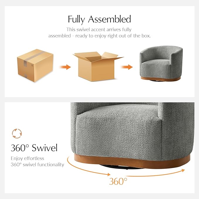 HULALA HOME Chenille Swivel Accent Chairs Set of 2, Fully Assembled, Comfy Upholstery Barrel Armchair with Sturdy Solid Wood Base, Grey
