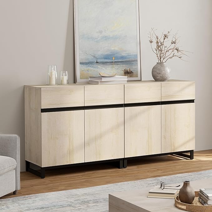 WAMPAT Modern TV Stand for TVs Up to 70 Inch, 2 in 1 Entertainment Center with Adjustable Shelves and Metal Base, Media Console for Living Room and Bedroom, Light Oak