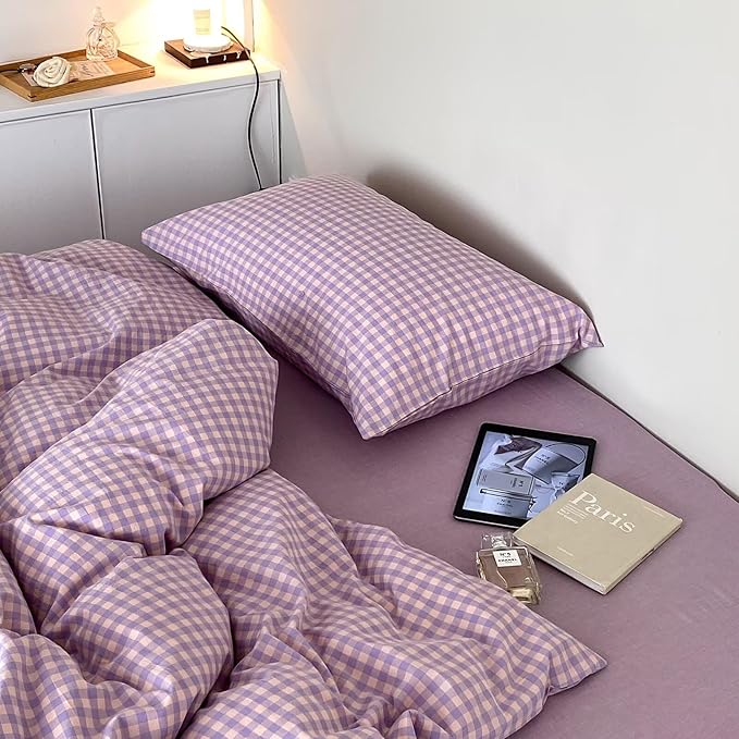 mixinni Purple Gingham Comforter Set Twin XL, Plaid Comforter Set 3 Pieces 1 Purple Grid Comfoter with 2 Pillow Cases for All Seasons, Soft Fluffy Modern Grid Pattern Printed Bedding-Twin XL Size