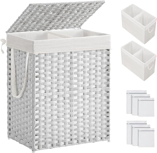 SONGMICS Laundry Hamper with Lid, 90L Clothes Hamper with 2 Removable Liner Bags, 6 Mesh Bags, Wicker Laundry Basket, Double Laundry Hamper for Bathroom, 13 x 18.1 x 23.6 Inches, White ULCB251W01V1