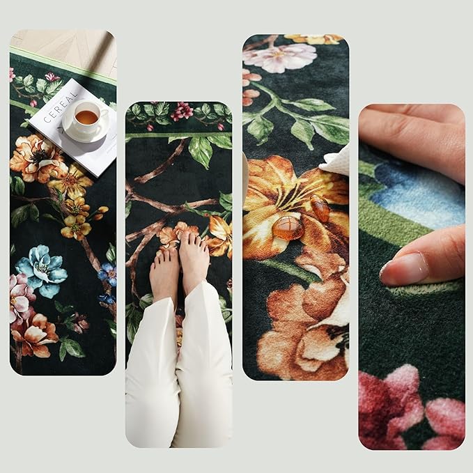 Runners for Kitchen Runner Rug Non Slip 2'x10' Long Washable Rugs with Rubber Backing Soft Floral Bird Magpies Animal Carpet Runner for Kitchen, Laundry, Bedroom, Bathroom (Green)