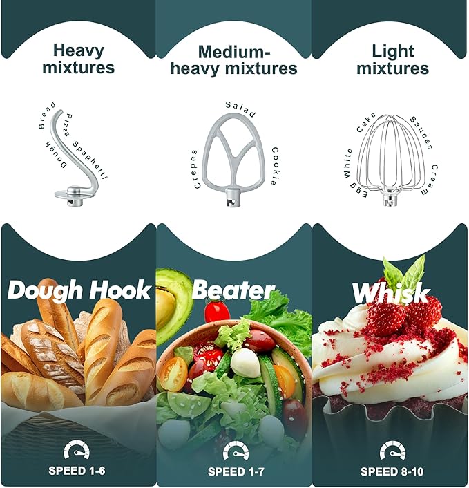 Kitchen in the box Stand Mixer, 4.5QT+5QT Two bowls Electric Food Mixer, 10 Speeds 3-IN-1 Kitchen Mixer for Daily Use with Egg Whisk,Dough Hook,Flat Beater (Turquoise Green, 5QT)