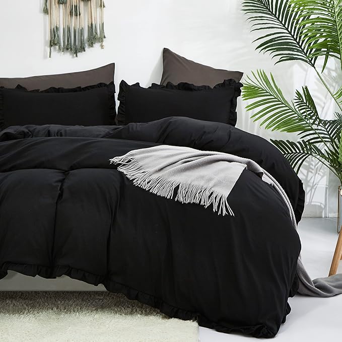 CLOTHKNOW Black Ruffles Full Size Comforter Sets Farmhouse Bedding Comforter Sets Soft Shabby Chic Comforters Black Comforter with 2 x Pillow Cases