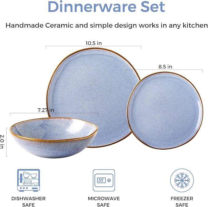 AmorArc Ceramic Dinnerware Sets,Handmade Reactive Glaze Stoneware Plates and Bowls Set,Highly Chip and Crack Resistant | Dishwasher & Microwave Safe Dishes Set,Service for 8 (24pc)-Reactive Blue