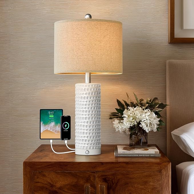 PORTRES 24" Modern Ceramic 3-Way Dimmable Touch Table Lamp Set of 2 for Bedroom White Farmhouse Bedside Lamps with USB A+C Charging Ports for Living Room Nightstand Lamp End Table Lamps