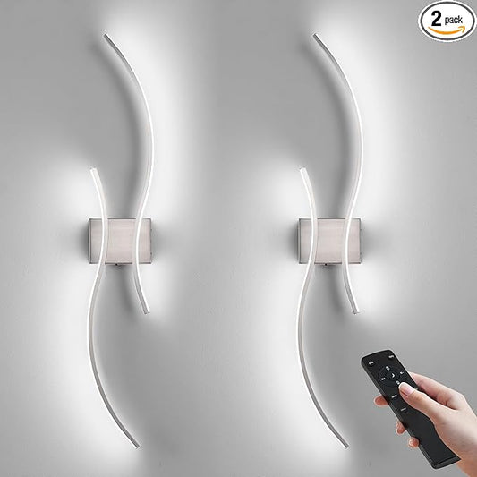 Battery Operated Wall Sconces Set of Two with Remote Control, Stepless Colors 3000K-6000K & Dimming, LED Nickel Wireless Wall Light for Living Room, Hallway, Bedroom, 39.3 Inch (2 Pack)