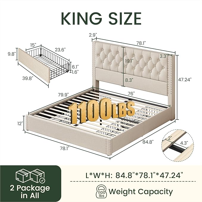 King Size Bed Frame with 4 Storage Drawers and Tufted Headboard Linen Upholstered Platform Bed Frame with Heavy Duty Wood Slats, No Box Spring Needed, Easy Assembly, Beige