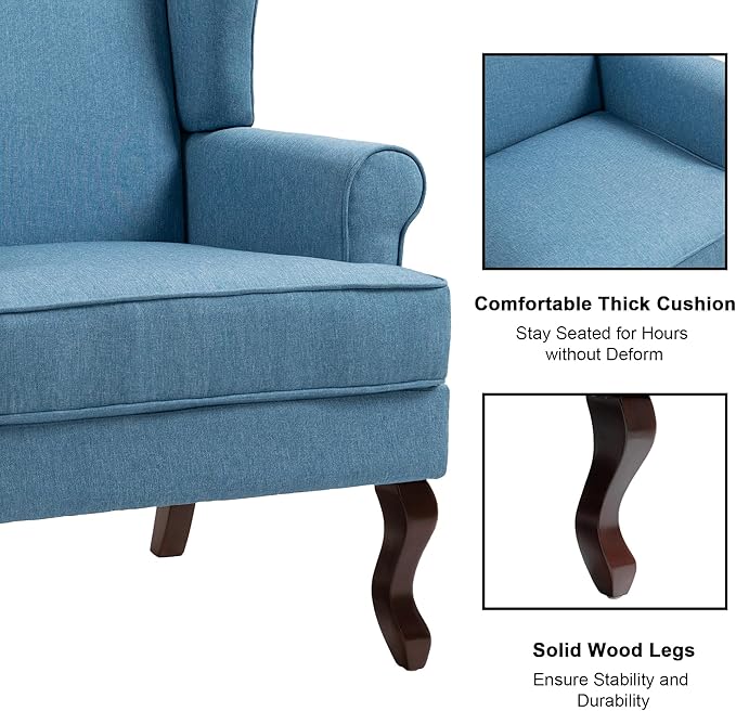 Accent Chair, High Back Upholstered Armchair with High Resilience Sponge & Wood Legs, Mid-Century Modern Comfy Single Sofa Reading Chairs for Living Room, Bedroom (Blue, Set of 1)