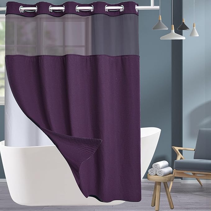 Extra Long No Hook Waffle Weave Shower Curtain with Snap in Liner Set, Hotel Luxury Purple Shower Curtains for Bathroom with See Through Top Window, Waterproof, Washable 71W x 84H