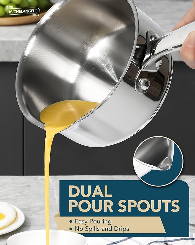 MICHELANGELO Stainless Steel Sauce Pot Set with Steamer 5Pcs, 18/10 Saucepan Set with Pour Spout & Strainer Glass Lids, Sauce pan with Triply Bottom Induction Compatible - 1QT & 2QT