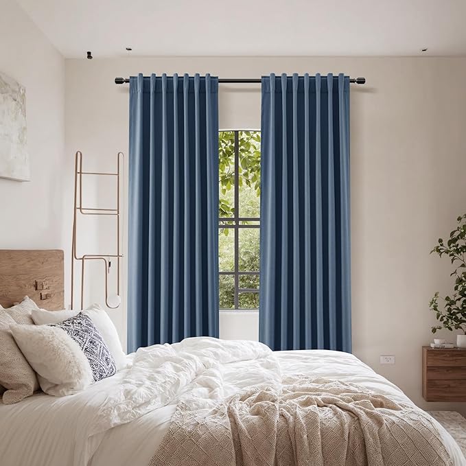 Guken Blackout Curtains 120 Inch Length 2 Panels Set for Living Room Bedroom Back Tab Thermal Insulated 100% Black Out Linen Drapes Room Darkening Window Curtains 120 Inches Long,Denim Blue