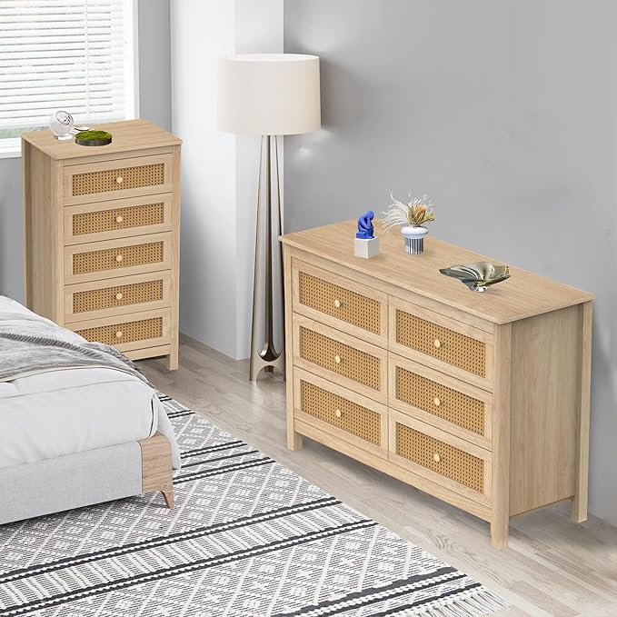 Farmhouse 6 Drawers Dresser with 2pcs 5 Drawer Dresser, Wood Double Dresser Chest of Drawers Wide Storage Organizer Cabinet for Bedroom, Living Room, Natural