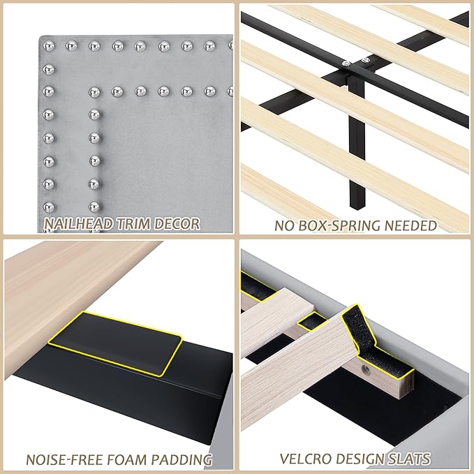 VECELO Queen Size Bed Frame with Height Adjustable Upholstered Headboard, Wooden Slats Platform, Noise-Free Design, Easy Assembly