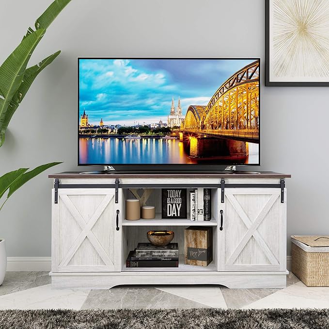 Rainbow Sophia TV Stand, Storage Cabinet with Sliding Barn Doors and Adjustable Shelves, Modern 28”H, Sargent Oak