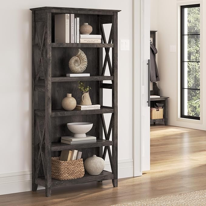 Bush Furniture Tall 5 Shelf Bookcase for Living Room or Home Office, Large Bookshelf, Modern Farmhouse Style, Key West Collection, Dark Gray Hickory