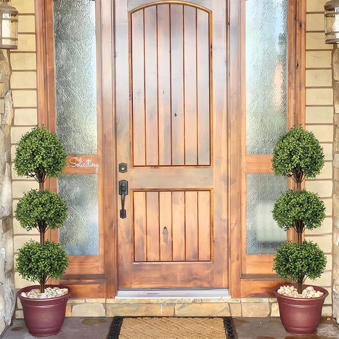 THE BLOOM TIMES 55" Tall Artificial Boxwood Triple Ball Topiary Trees, UV Resistant Large Fake Potted Plants for Outdoor Planter, Realistic Faux Bushes Shrubs for Front Porch Outside Decor Set of 2