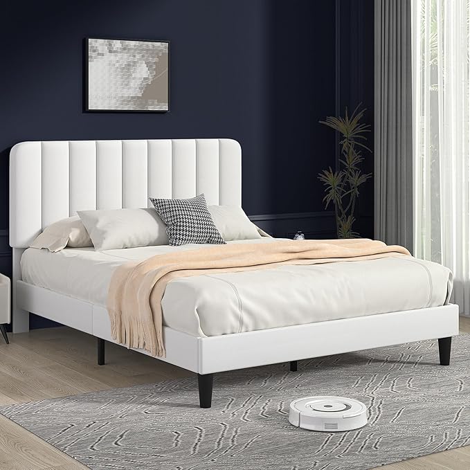 VECELO Full Size Bed Frame with Upholstered Headboard, Velvet Platform Bedframe Mattress Foundation, Strong Wood Slat Support, No Box Spring Needed,White