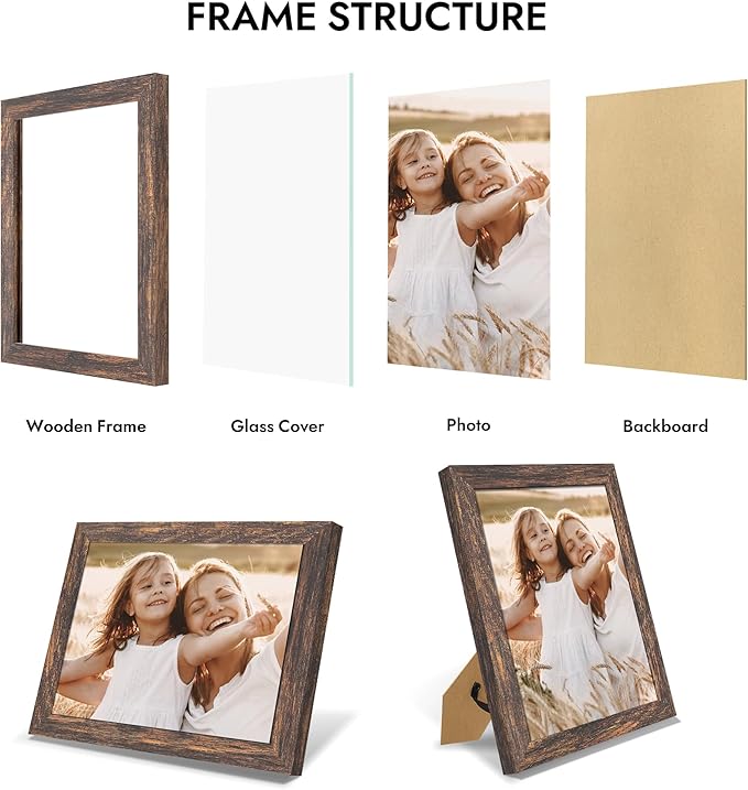 8x10 Picture Frame, Made of Real Glass and Wooden Frame, Horizontal and Vertical Display for Wall or Tabletop (Rustic Brown, 1 Pack)