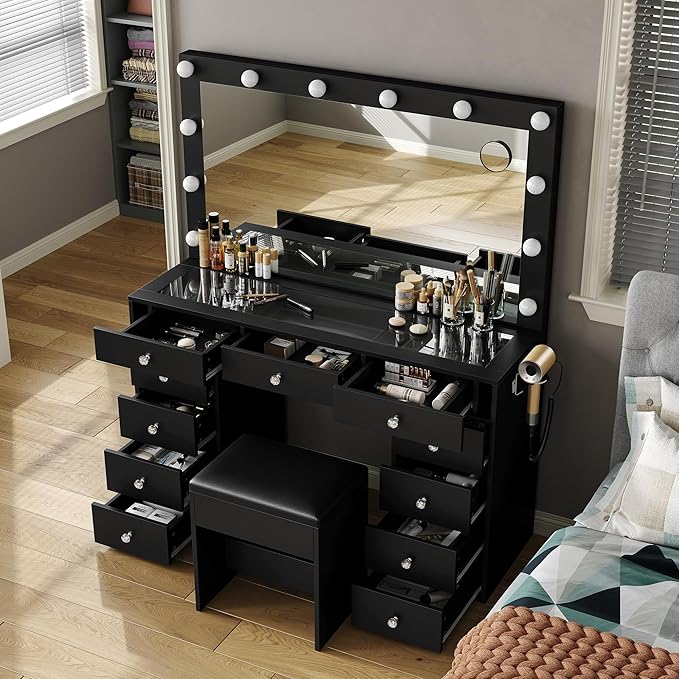 Vanity Desk with Power Outlet, Makeup Vanity with Mirror and 12 LED Lights, 3 Lighting Modes,11 Drawers Vanity Table with Chair, Glass Top, Vanity Set for Bedroom,Dressing Room, Black