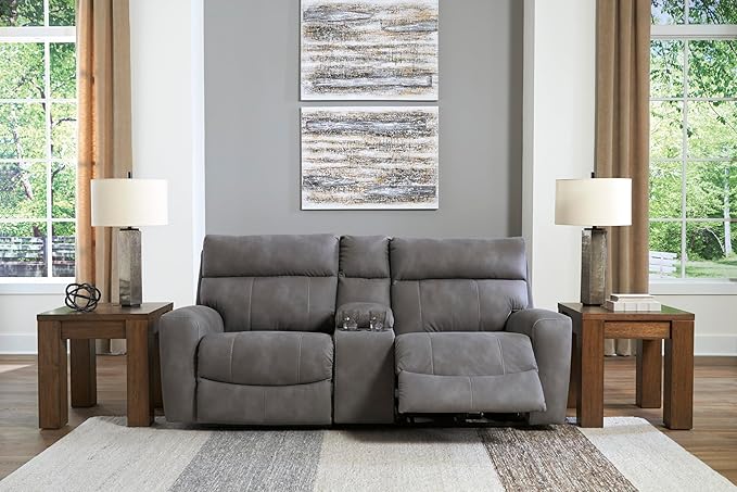 Signature Design by Ashley Next-Gen DuraPella Contemporary Faux Leather Modular Wall Hugger 3-Piece Power Reclining Sectional Loveseat with Console, Adjustable Headrest and USB Ports, Gray