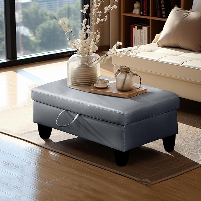 Ottoman Rectangular Storage Ottoman Bench, Faux Leather Footrest, Coffee Table, Stool Footstool with Hinged Lid for Living Room, Bedroom, Entryway, Gray, 28.5"x19"x17.5"