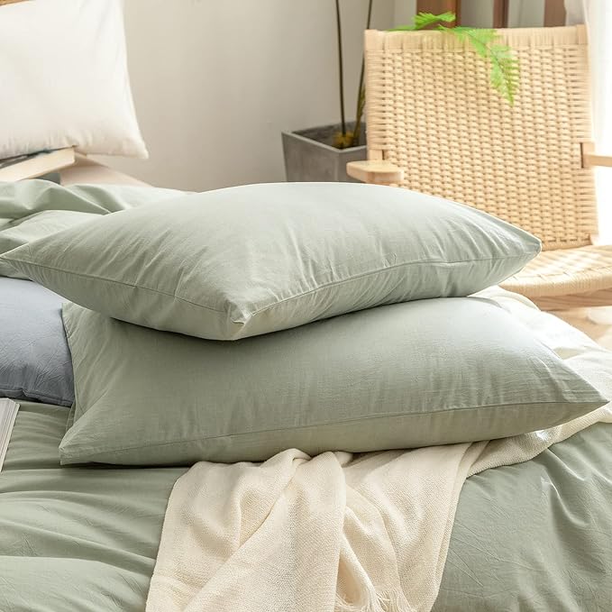 BESTOUCH Duvet Cover Set 100% Washed Cotton Linen Feel Super Soft Comfortable Chic Lightweight 3 PCs Home Bedding Set Solid Sage Green Super Queen