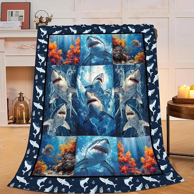 Yibuda Shark Blanket Ocean Underwater Flannel Plush Throw Blanket Cozy Nautical Coral Decor Fleece Stuff Blanket Gifts for Lover Girls Boys Kids Adults Women Bed Travel 40"x50"