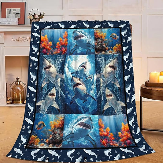Yibuda Shark Blanket Ocean Underwater Flannel Plush Throw Blanket Cozy Nautical Coral Decor Fleece Stuff Blanket Gifts for Lover Girls Boys Kids Adults Women Bed Travel 50"x60"