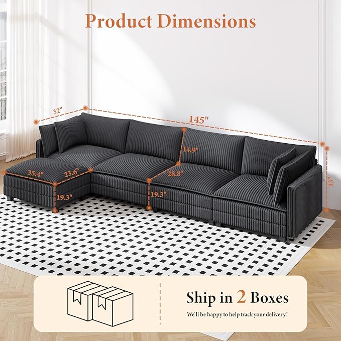 Vesgantti 143" L Shaped Modular Sectional Sofa, Comfy Corduroy Upholstered Modular Sectional Couches for Living Room, Modern Cloud Couch with Ottoman Deep Seat, Dark Grey