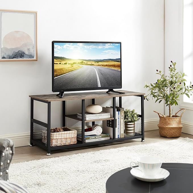 VECELO TV Stand Up to 50 Inches, 39 Inch Industrial Entertainment Center Media Console with Open Storage Shelves, Wooden Coffee Table with Metal Frame, Grey